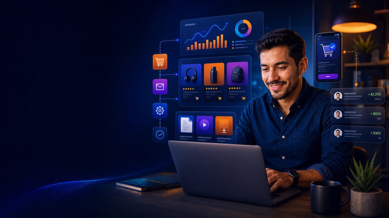 Emprendedor latino gestionando productos digitales