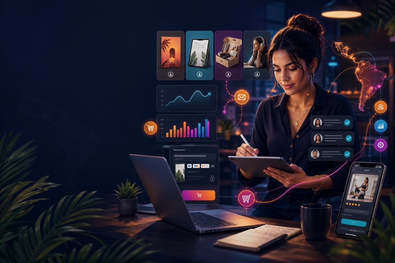 Emprendedora latina lanzando productos digitales