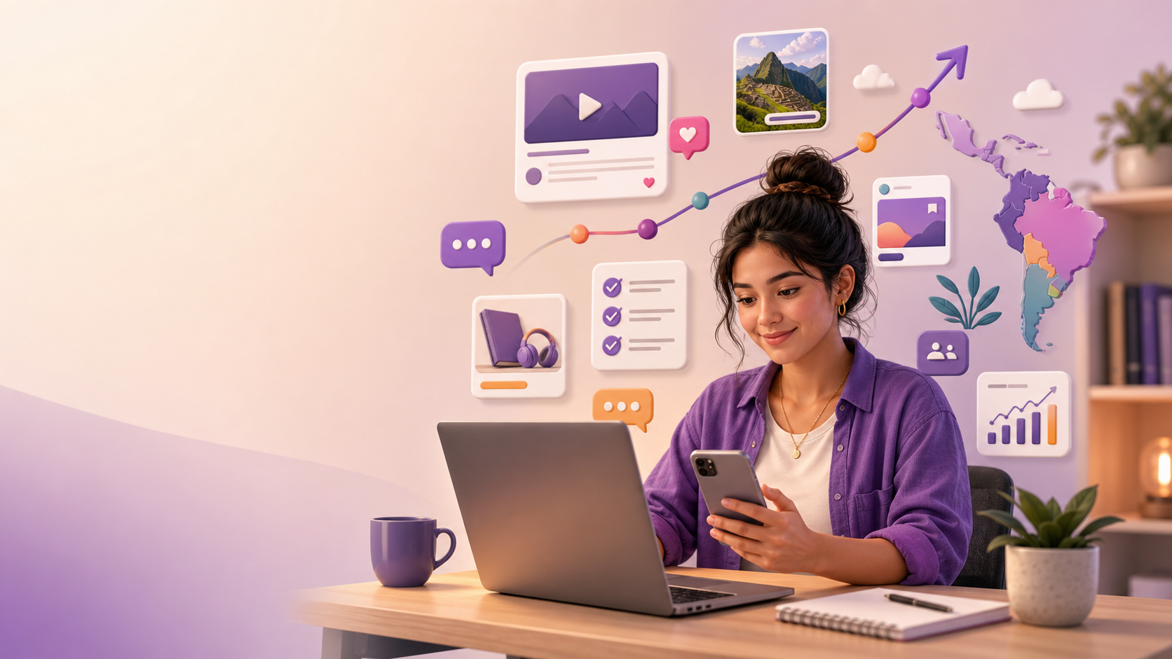 Emprendedora latinoamericana aprendiendo a vender productos digitales